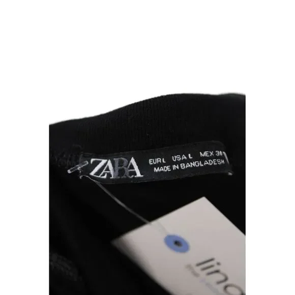 Zara Womens Short Sleeve Crew Neck Knit Tee Shirt Black Cotton Size Large - Picture 4 of 6